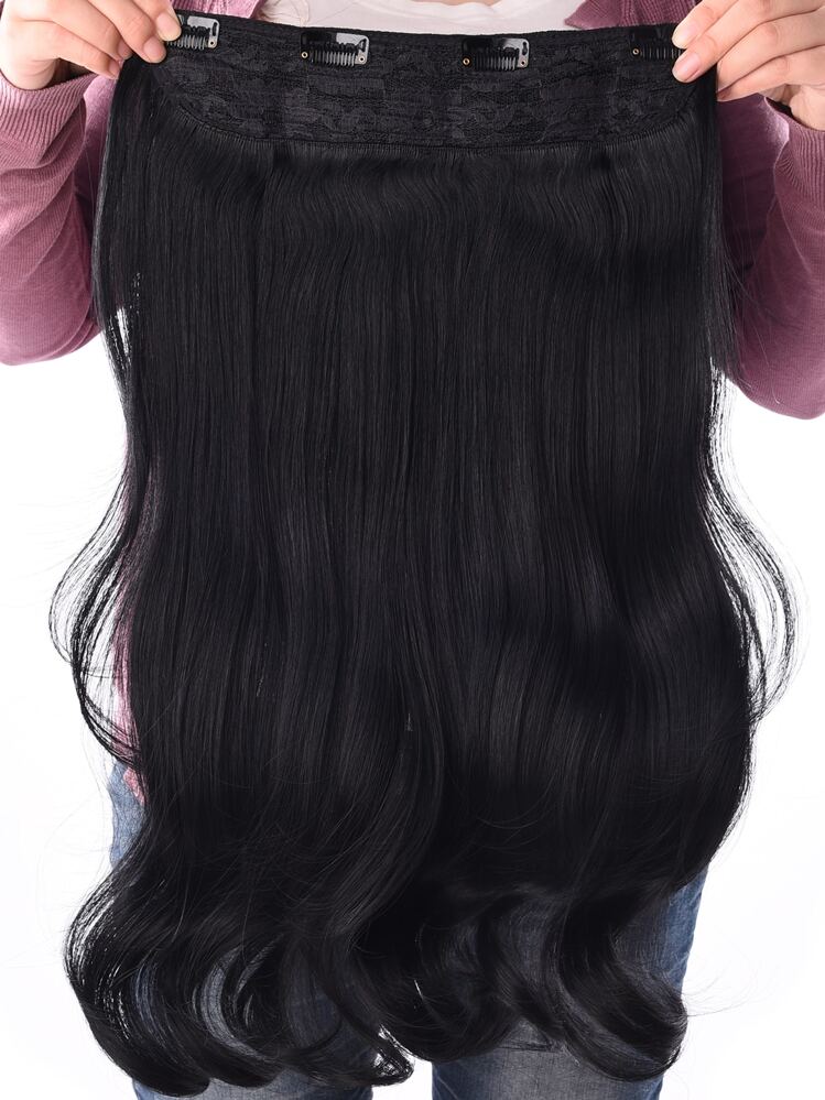 Extensión de cabello con clip ondulado sintético de 24 pulgadas, extensión de fibra resistente al calor con 4 clips, 1 pieza - Negro - Añade 2