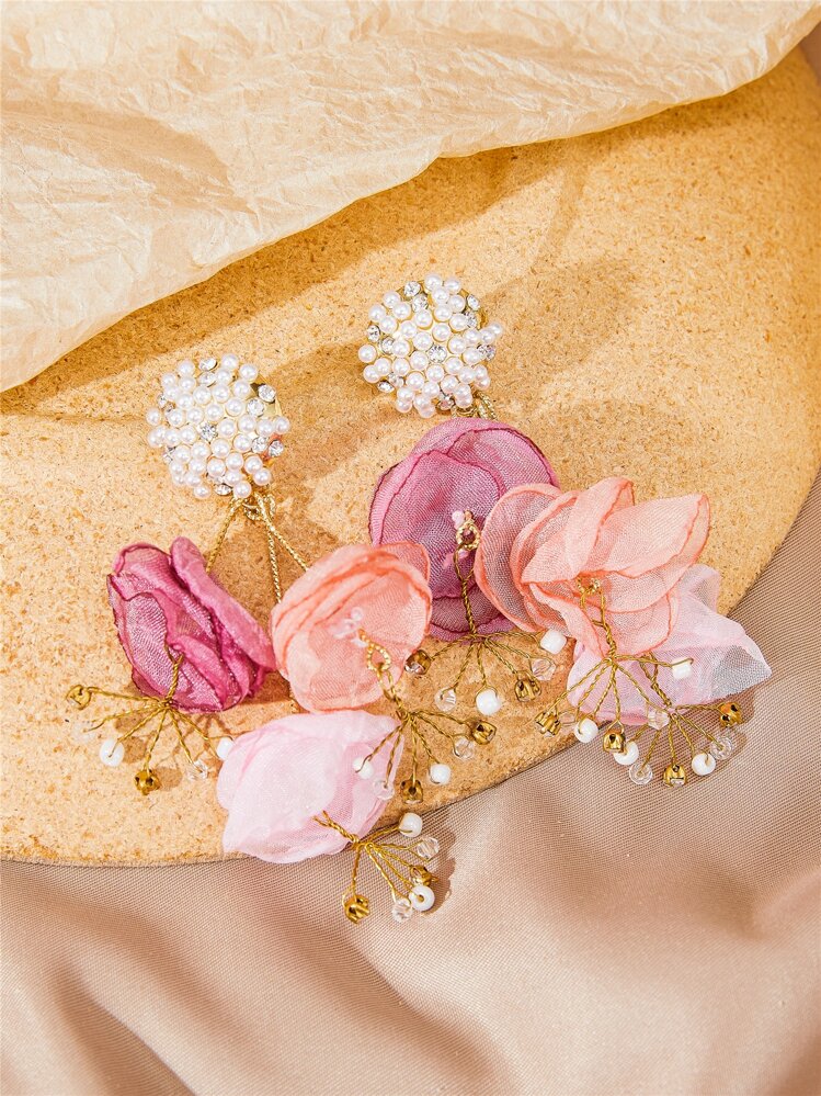 1pair Fashionable Vacation Style Handmade Wavy Cloth & Faux Pearl Decor Flower Earrings For Women, Suitable For Daily Wear And Vacation Valentines,Mom,Mother,Mother's Day,Gift - Multicolor - View 6