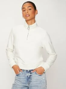 SHEIN BASICS Half Zip Fleece Sweatshirt - White - View 1