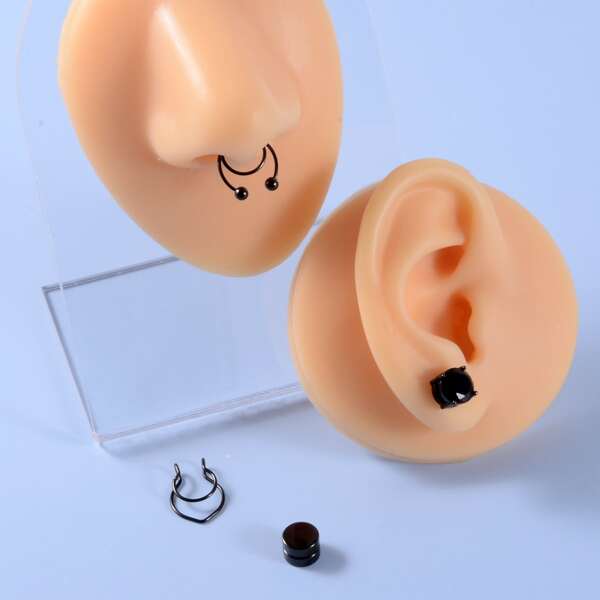 

2pcs Men Minimalist Nose Ring & 2pcs Earring, Black