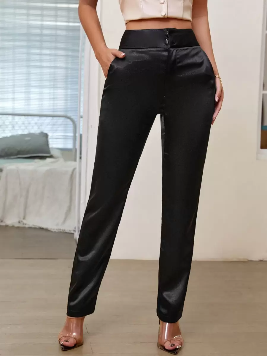 SHEIN BAE Pantalones rectos con bolsillo oblicuo - Negro - Ver 1
