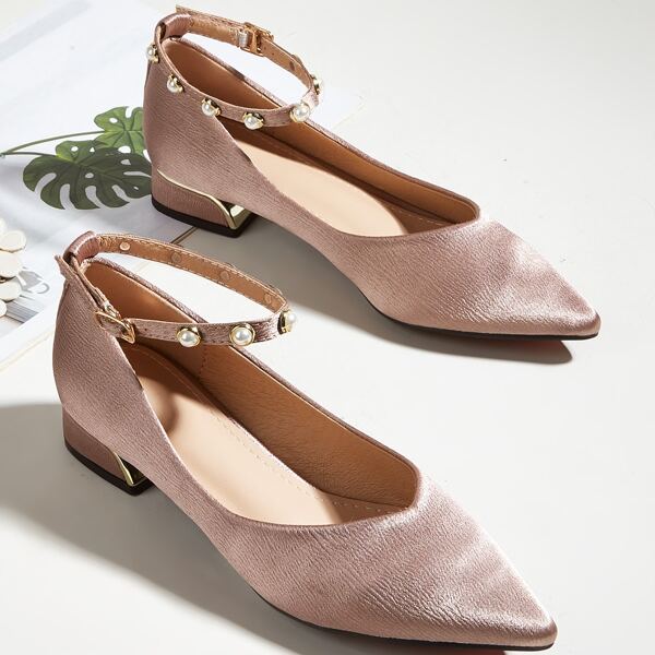 

Satin Faux Pearls Decor Ankle Strap Flats, Dusty pink