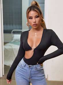O-ring Cut Out Plunge Neck Bodysuit - Black - View 3