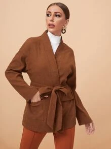 SHEIN Drop Shoulder Flap Pocket Belted Coat - Rust Brown - View 1
