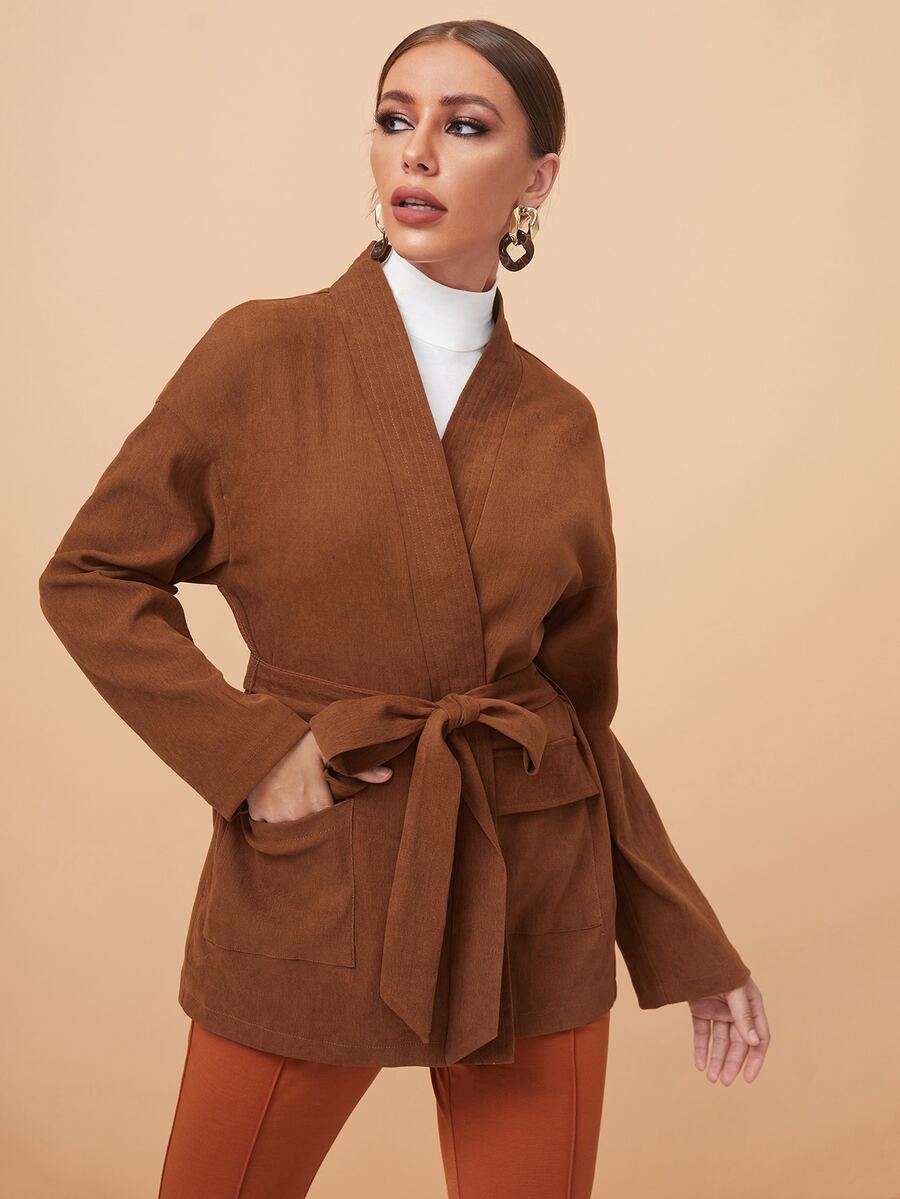 SHEIN Drop Shoulder Flap Pocket Belted Coat - Rust Brown - View 1