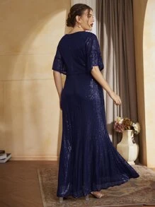 Plus Solid Flounce Sleeve Maxi Sequin Prom Dress - Navy Blue - View 2
