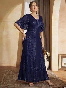 Plus Solid Flounce Sleeve Maxi Sequin Prom Dress - Navy Blue - View 4