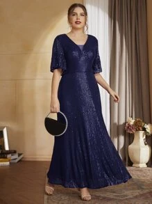 Plus Solid Flounce Sleeve Maxi Sequin Prom Dress - Navy Blue - View 5