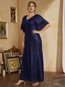 Plus Solid Flounce Sleeve Maxi Sequin Prom Dress - Navy Blue - View 6