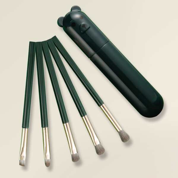 

5pcs Makeup Brush Set & 1pc Storage Box, Green
