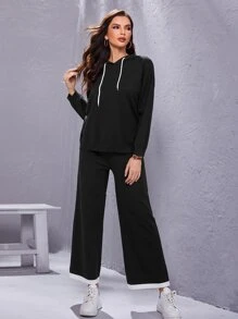 SHEIN Drawstring Hooded Sweater and Knit Pants Set - Black - View 3
