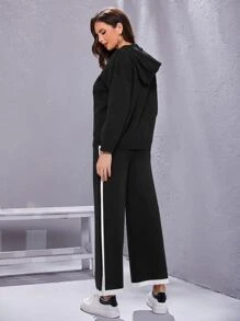 SHEIN Drawstring Hooded Sweater and Knit Pants Set - Black - View 4