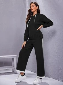 SHEIN Drawstring Hooded Sweater and Knit Pants Set - Black - View 2