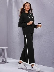 SHEIN Drawstring Hooded Sweater and Knit Pants Set - Black - View 1