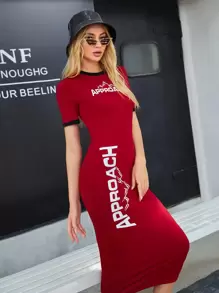 Seusyu Letter & Mountain Print Contrast Trim Bodycon Dress - Red - View 2