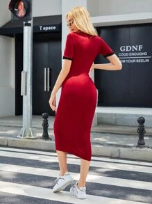 Seusyu Letter & Mountain Print Contrast Trim Bodycon Dress - Red - View 3