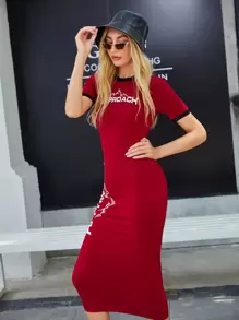 Seusyu Letter & Mountain Print Contrast Trim Bodycon Dress - Red - View 4