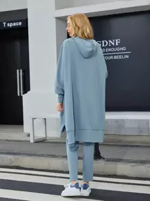 Mulvari 标语图案插肩袖抽绳连帽衫和裤子 - 霧霾藍 - 查看 4