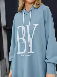 Mulvari 标语图案插肩袖抽绳连帽衫和裤子 - 霧霾藍 - 查看 5