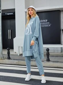 Mulvari 标语图案插肩袖抽绳连帽衫和裤子 - 霧霾藍 - 查看 1