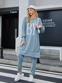 Mulvari 标语图案插肩袖抽绳连帽衫和裤子 - 霧霾藍 - 查看 2