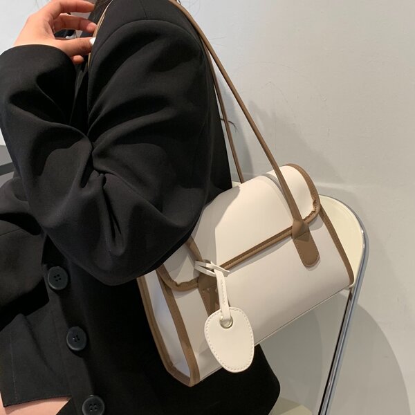 

Contrast Binding Flap Square Bag, Beige