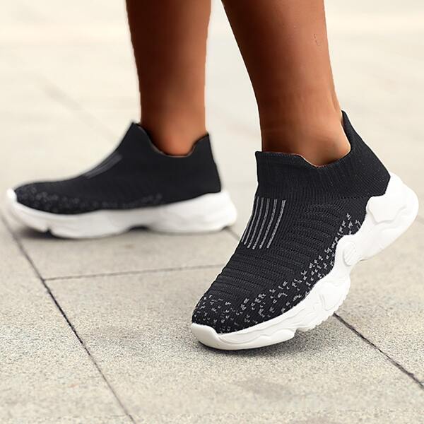 

Boys Striped Pattern Slip On Running Shoes, Black