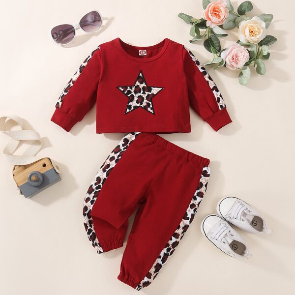 

Baby Star Print Contrast Sideseam Sweatshirt With Sweatpants, Burgundy