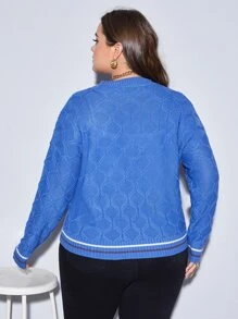 Calvaya Plus Striped Trim Batwing Sleeve Jumper - Blue - View 2