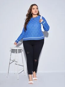 Calvaya Plus Striped Trim Batwing Sleeve Jumper - Blue - View 3