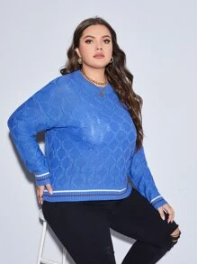 Calvaya Plus Striped Trim Batwing Sleeve Jumper - Blue - View 4