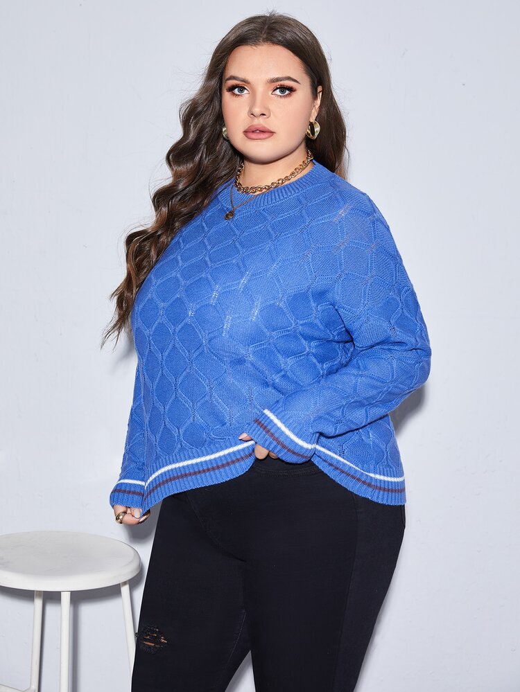 Calvaya 大碼條紋圖案邊蝙蝠袖套頭毛衣 - 藍色 - 查看 5