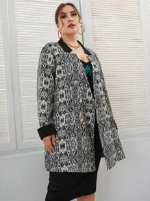 Modelyn Plus Allover Print Double Breasted Coat Without Belt - Black and White - View 1