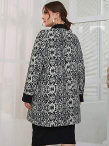 Modelyn Plus Allover Print Double Breasted Coat Without Belt - Black and White - View 2