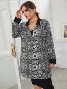 Modelyn Plus Allover Print Double Breasted Coat Without Belt - Black and White - View 4