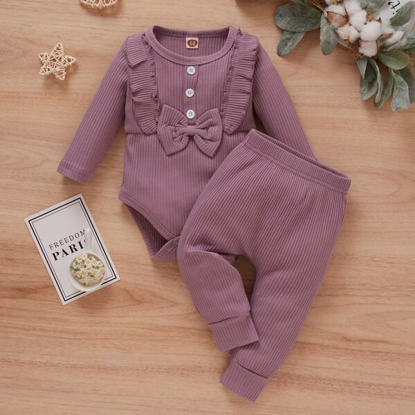 

Baby Girl Bow Front Ruffle Bodysuit With Pants, Mauve purple
