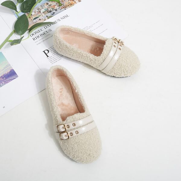 

Girls Eyelet Buckle Decor Slip-On Flats, Beige