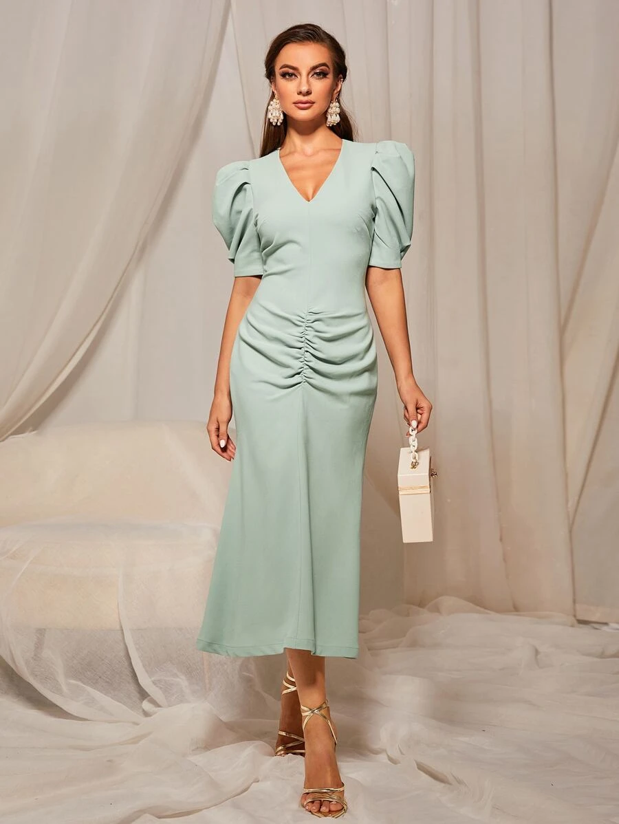 Modelyn Đầm Xù Dây kéo màu trơn Thanh lịch - Màu xanh Bạc hà - Xem 1