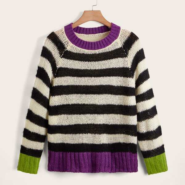 

Plus Striped Pattern Contrast Trim Raglan Sleeve Sweater, Multicolor