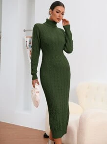 SHEIN 麻花編織高領後背開叉毛衣裙 - 軍綠色 - 查看 1