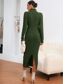 SHEIN 麻花編織高領後背開叉毛衣裙 - 軍綠色 - 查看 2