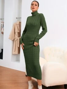 SHEIN 麻花編織高領後背開叉毛衣裙 - 軍綠色 - 查看 4