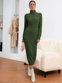 SHEIN 麻花編織高領後背開叉毛衣裙 - 軍綠色 - 查看 5