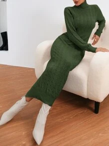 SHEIN 麻花編織高領後背開叉毛衣裙 - 軍綠色 - 查看 6