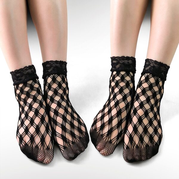 

2pairs Lace Trim Fishnet Socks, Black