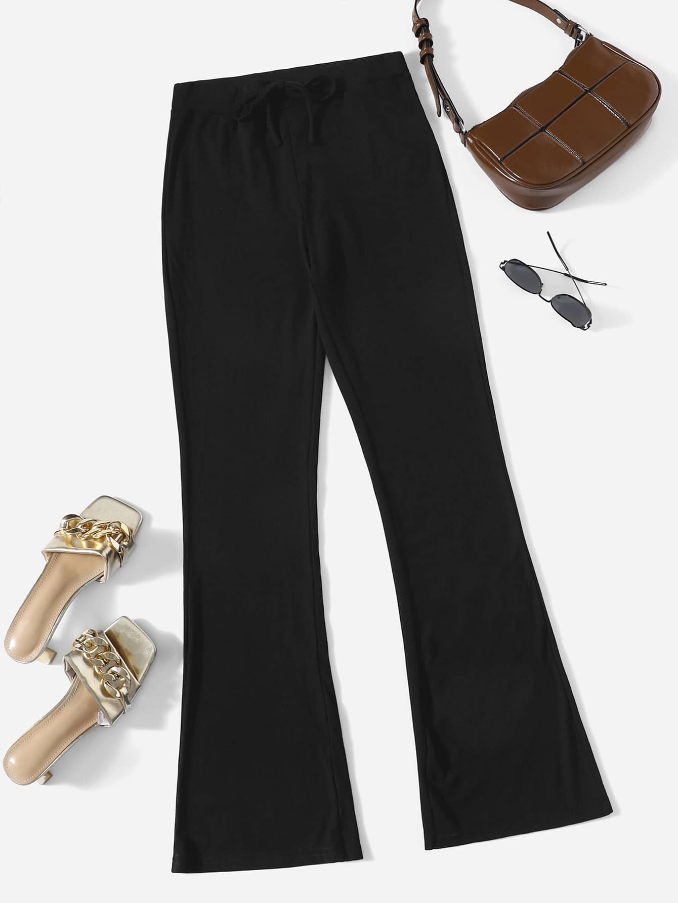 SHEIN Essnce Quần thể thao nữ Thắt nút màu trơn - màu đen - Xem 1