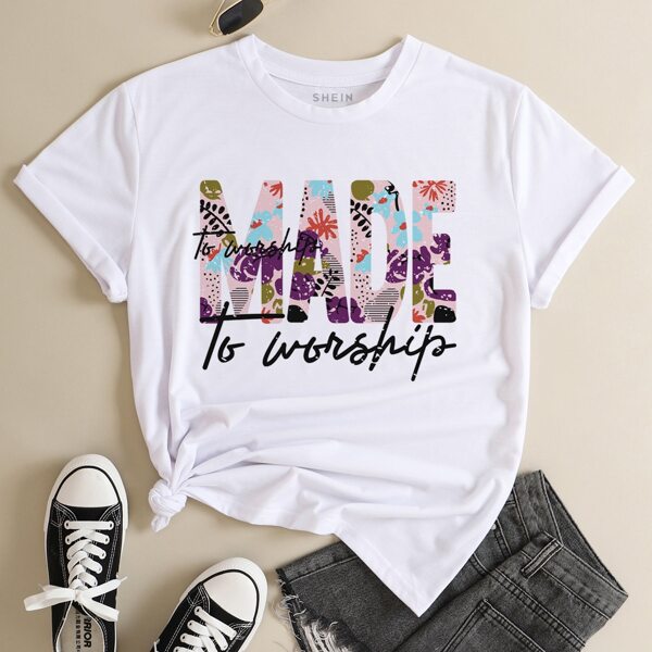 

Slogan Print Round Neck Tee, White