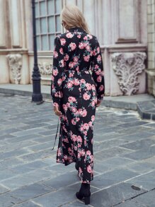 印花圍裹側打結洋裝 - 彩色 - 查看 2