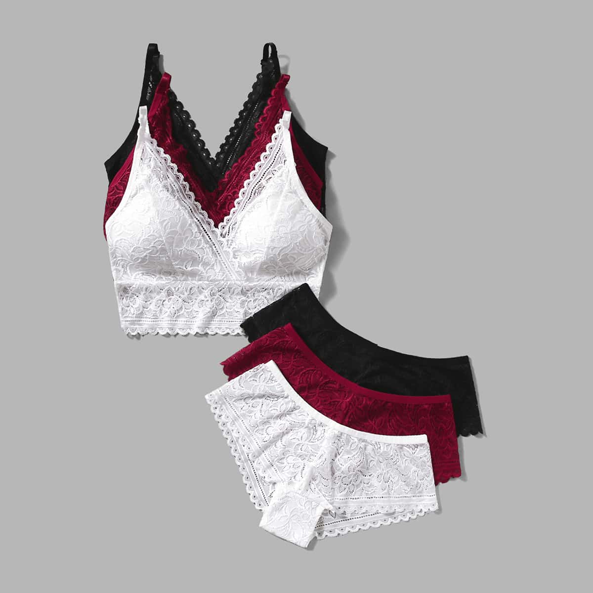 

3sets Lace Scallop Trim Lingerie Set, Multicolor