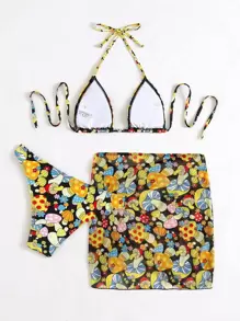 3packs Plant Print Halter Bikini & Beach Skirt For Summer Beach Vacation - Multicolor - View 2